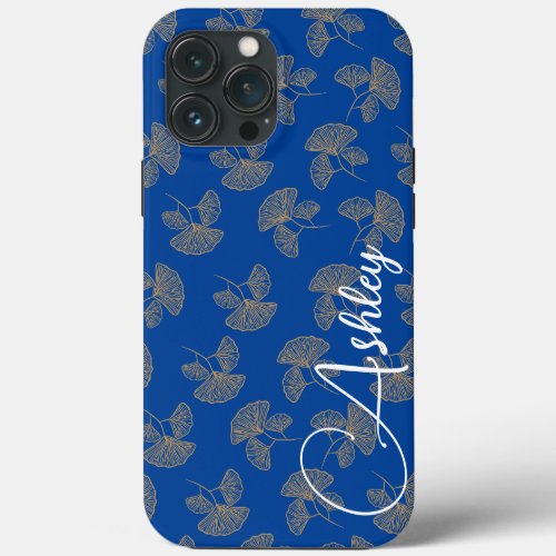Teal Name Modern Minimalist Golden Leaves Blue  iPhone 13 Pro Max Case