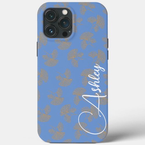 Teal Name Modern Minimalist Golden Leaves Blue iPhone 13 Pro Max Case