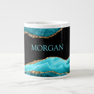 Teal Name on Black, Gold & Teal Agate Giant Coffee Mug