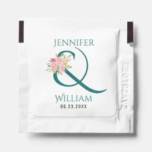 Teal names ampersand and pink roses wedding hand sanitizer packet