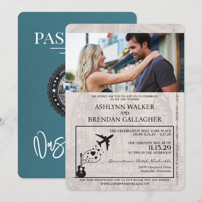 Teal Nashville Passport Wedding Invitation (Front/Back)