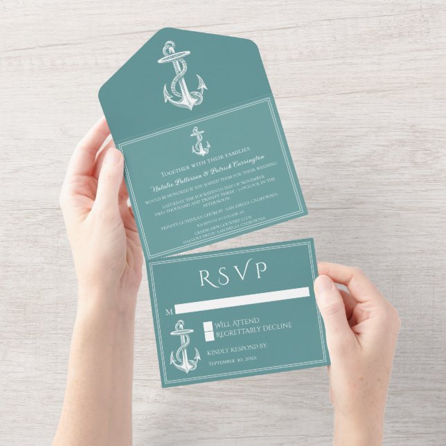 Teal Nautical Anchor All in One Wedding Invite (Tearaway)