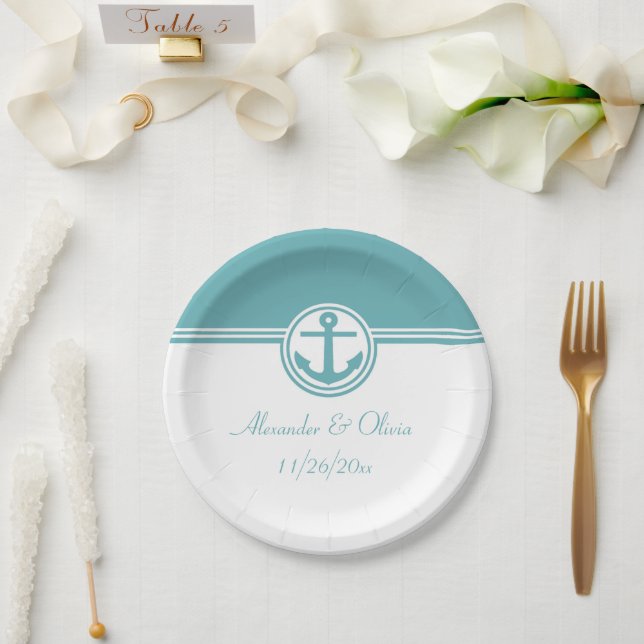 Teal Nautical Anchor Paper Plates (Wedding)