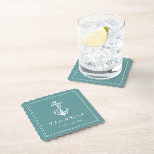 Teal Nautical Anchor Wedding Paper Coasters