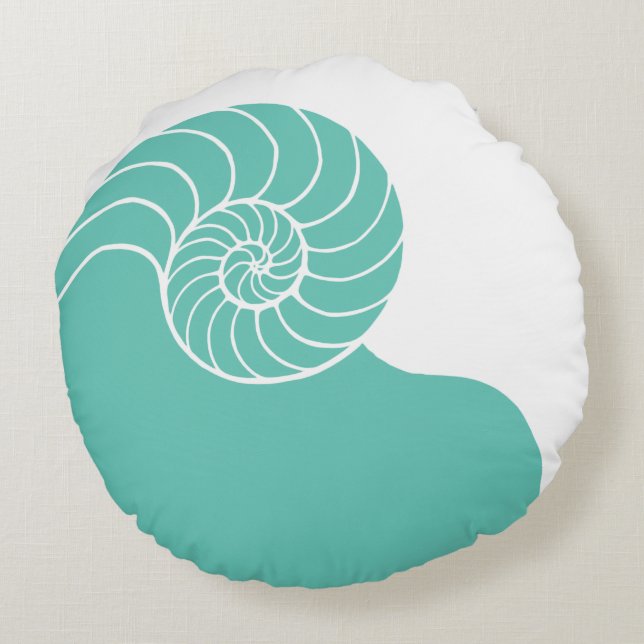 Teal Nautilus Sea Shell Round Pillow (Back)