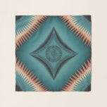 Teal Navajo Peach Sunburst Scarf<br><div class="desc">A symmetrical geometric pattern design in a square format with a teal and copper color scheme. The center features a large diamond-shaped medallion with intricate line work and a circular sunburst pattern inside. The medallion is surrounded by four smaller diamond-shaped frames with ornate border patterns. The background has a radiating...</div>