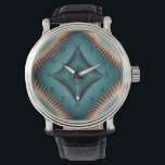 Teal Navajo Peach Sunburst Watch<br><div class="desc">A symmetrical geometric pattern design in a square format with a teal and copper color scheme. The center features a large diamond-shaped medallion with intricate line work and a circular sunburst pattern inside. The medallion is surrounded by four smaller diamond-shaped frames with ornate border patterns. The background has a radiating...</div>