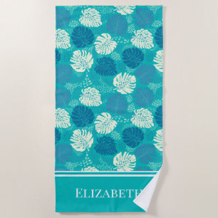Teal Navy and White Coastal Monstera Custom Name Beach Towel
