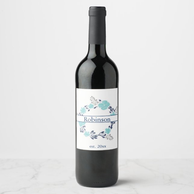 Teal & Navy Blue Floral Wreath bottle - Wine Label (Front)