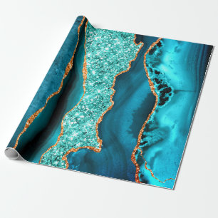 Teal Navy Blue Gold Glitter Marble Wrapping Paper