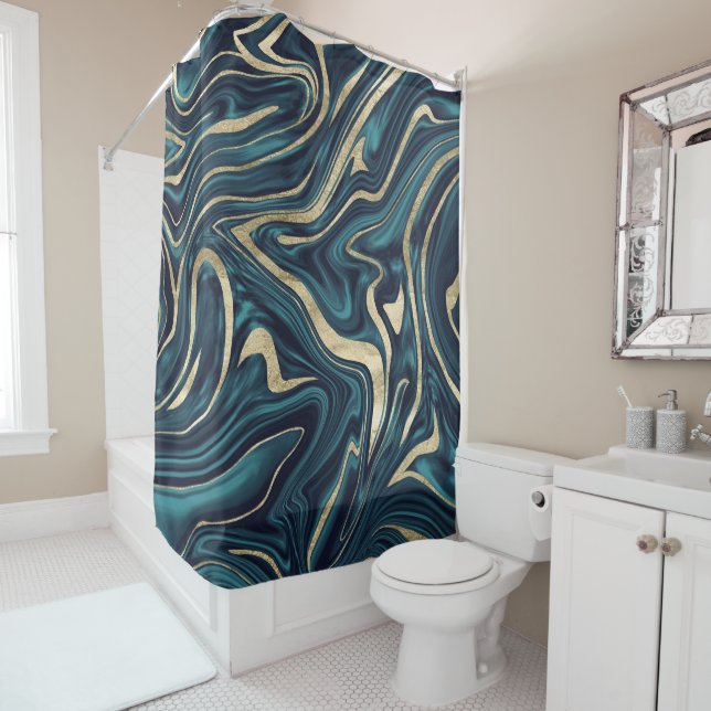 Teal Navy Blue Gold Marble #1 Shower Curtain (In Situ)