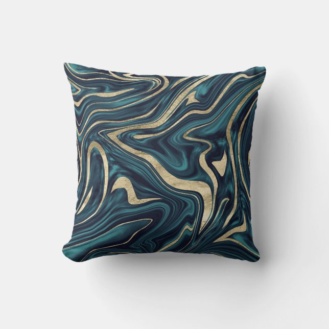 Teal Navy Blue Gold Marble #1 Throw Pillow (Front)