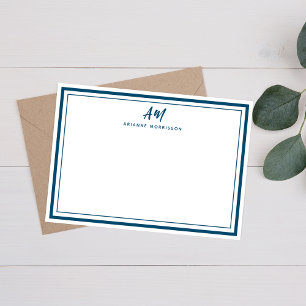 Teal Navy Blue Monogram Thin & Thick Border Note Card
