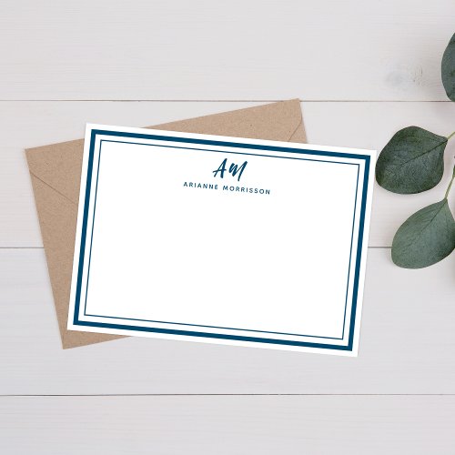 Teal Navy Blue Monogram Thin  Thick Border Note Card