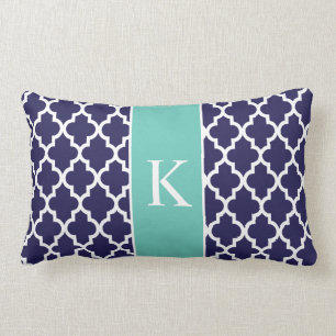 Teal Navy Blue Moroccan Custom Monogram Lumbar Pillow