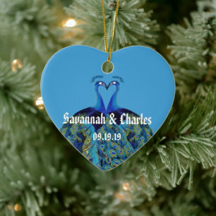 Teal Navy Blue Peacocks Kissing 1st Christmas Ceramic Ornament