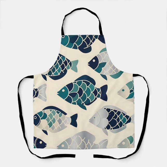 Teal Navy Blue Stylized Fish Repeating Pattern  Apron (Front)