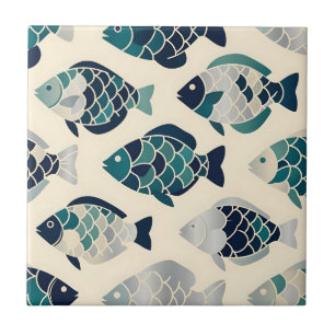 Teal Navy Blue Stylized Fish Repeating Pattern Ceramic Tile