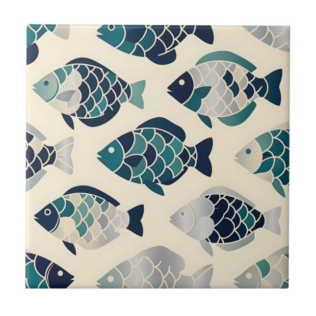 Teal Navy Blue Stylized Fish Repeating Pattern  Ceramic Tile (Front)