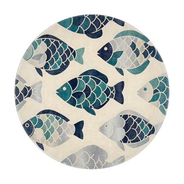 Teal Navy Blue Stylized Fish Repeating Pattern  Cutting Board (Front)