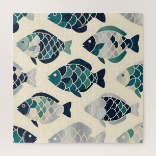 Teal Navy Blue Stylized Fish Repeating Pattern  Jigsaw Puzzle