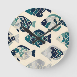 Teal Navy Blue Stylized Fish Repeating Pattern Round Clock