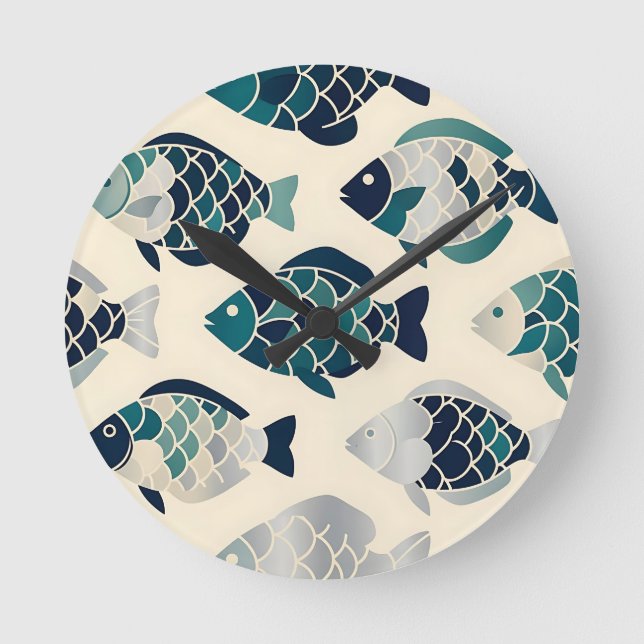 Teal Navy Blue Stylized Fish Repeating Pattern  Round Clock (Front)