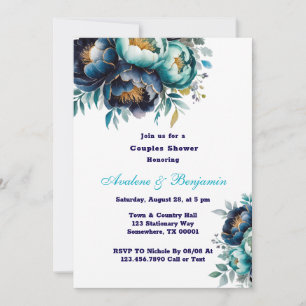 Teal Navy Blue Watercolor Peony Couples Shower Invitation
