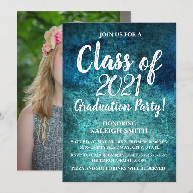 Teal Navy Blue White Graduation Party Invitation (Front/Back)
