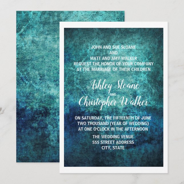 Teal Navy Blue White Watercolor Wedding Invitation (Front/Back)