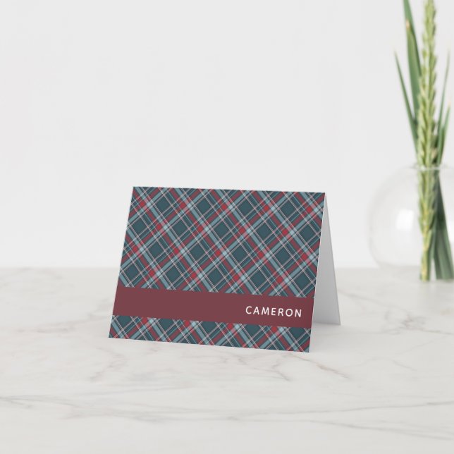 Teal Navy Burgundy Tartan Plaid Personalized Name Note Card (Front)
