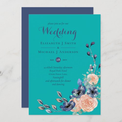Teal Navy Coral Floral Budget Wedding Stationery