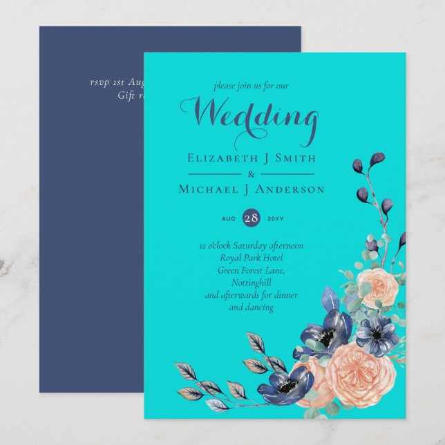 Teal Navy Coral Floral Budget Wedding Stationery (Front/Back)