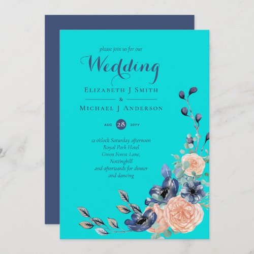 Teal Navy Coral Floral Budget Wedding Stationery