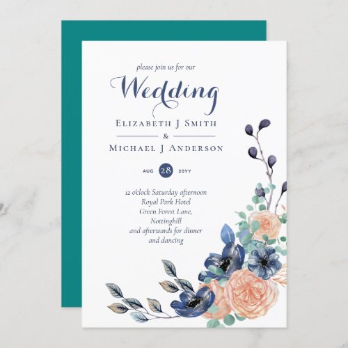 Teal Navy Coral Floral Budget Wedding Stationery