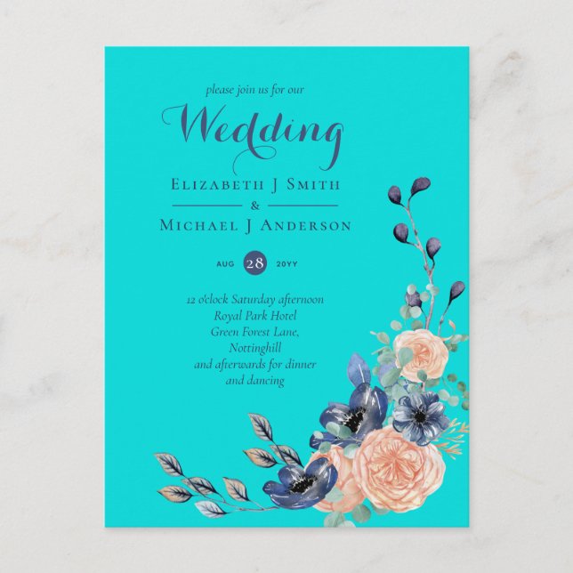 Teal Navy Coral Floral Budget Wedding Stationery Postcard (Front)