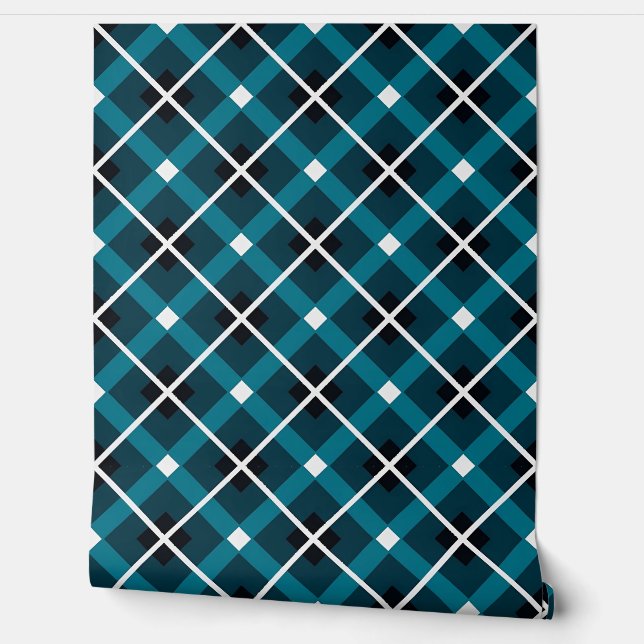 Teal & Navy Geometric Grid Pattern Wallpaper (Unrolling)