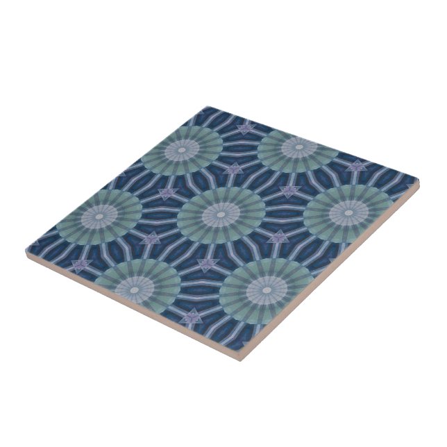 Teal & Navy Geometric Kaleidoscope Pattern Ceramic Tile (Side)