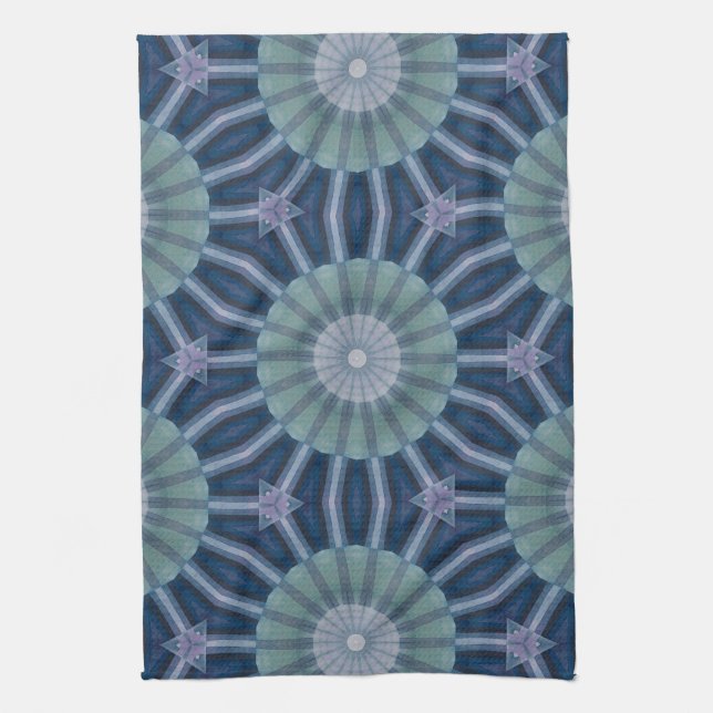 Teal & Navy Geometric Kaleidoscope Pattern Kitchen Towel (Vertical)
