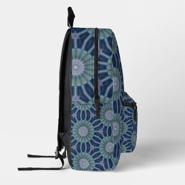 Teal & Navy Geometric Kaleidoscope Pattern Necktie Printed Backpack (Left)
