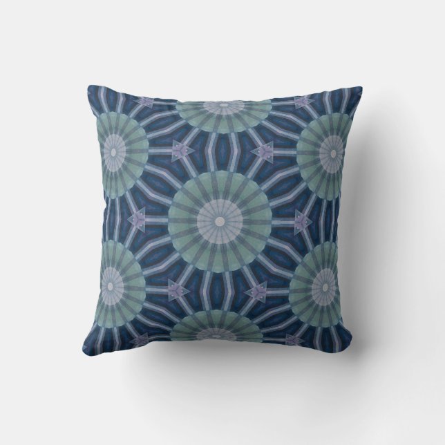 Teal & Navy Geometric Kaleidoscope Pattern Throw Pillow (Back)