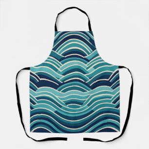 Teal Navy Geometric Ocean Waves Repeating Pattern Apron