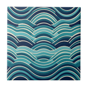 Teal Navy Geometric Ocean Waves Repeating Pattern Ceramic Tile