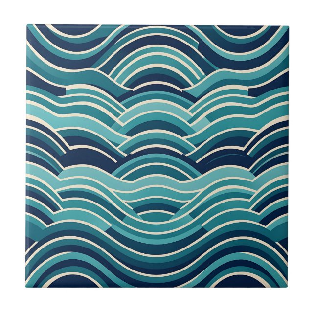 Teal Navy Geometric Ocean Waves Repeating Pattern Ceramic Tile (Front)