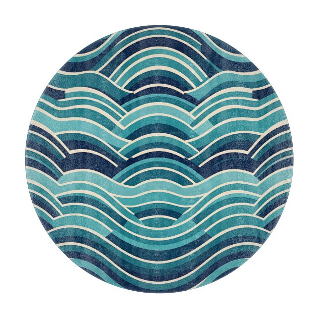 Teal Navy Geometric Ocean Waves Repeating Pattern Cutting Board (Front)