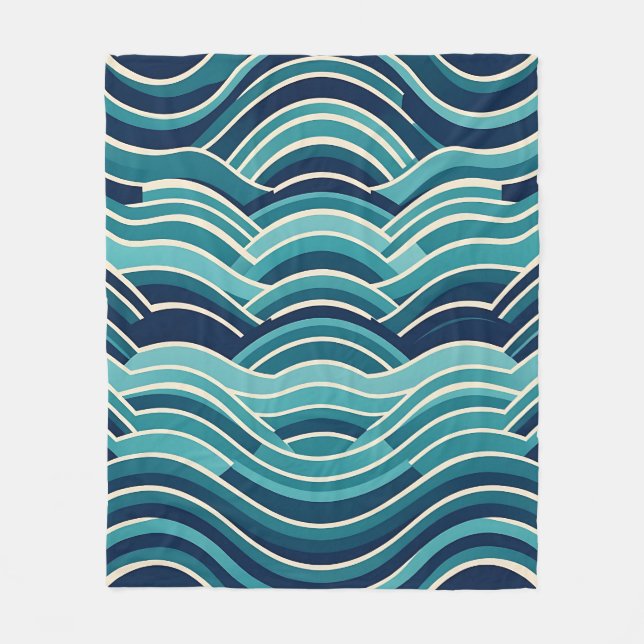 Teal Navy Geometric Ocean Waves Repeating Pattern Fleece Blanket (Front)