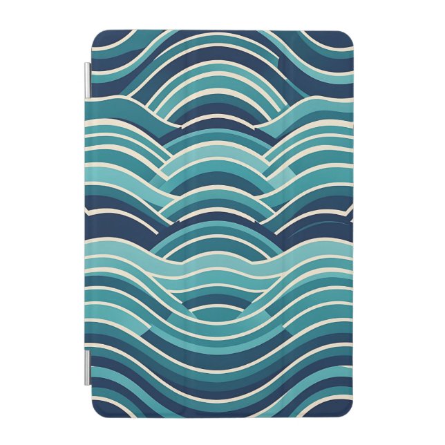 Teal Navy Geometric Ocean Waves Repeating Pattern iPad Mini Cover (Front)