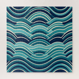 Teal Navy Geometric Ocean Waves Repeating Pattern Jigsaw Puzzle