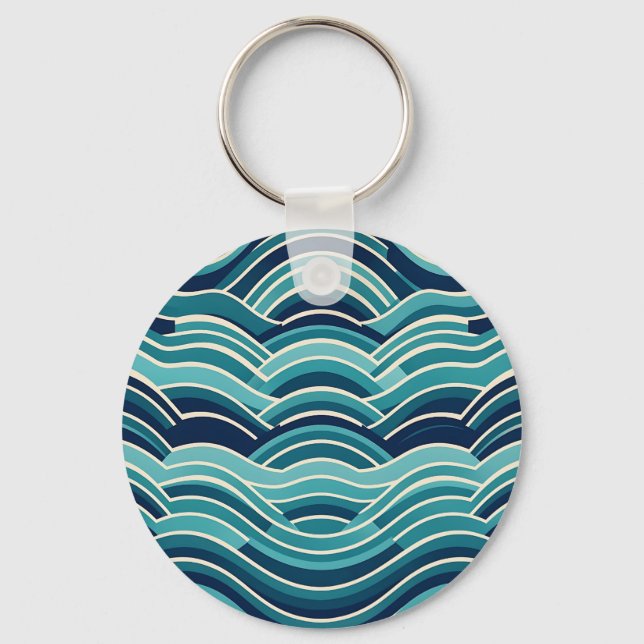 Teal Navy Geometric Ocean Waves Repeating Pattern Keychain (Front)