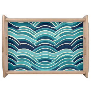 Teal Navy Geometric Ocean Waves Repeating Pattern Serving Tray